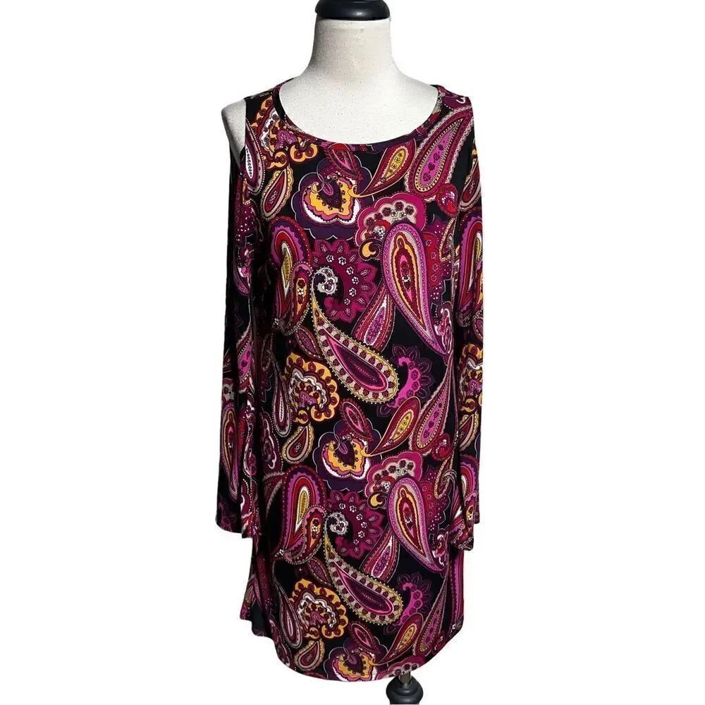 Trina Turk Retro 70's Trumpet Sleeve Paisley Cold Shoulder Mini Dress Size M